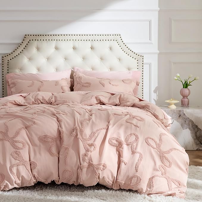 Bedsure Boho Duvet Cover King Size - Rose Pink Tufted Boho Bedding, Farmhouse Shabby Chic Embroidery Bedding for All Seasons, 3 Pieces, 1 Soft Jacquard King Comforter Cover and 2 Pillow Shams