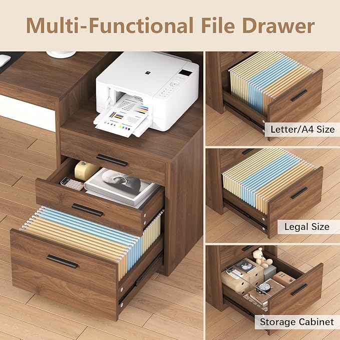 Computer Desk with 3 Drawers & Storage Shelves, 65 Inch Home Office Desk with File Drawer & Cabinet, Writing Study Desks with Monitor Stand & Printer Shelf, Executive Desk, Brown