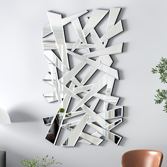 KOHROS Abstract Irregular Frameless Wall Mirror, Asymmetrical Beveled Decor Wall Mount Art Mirror, Horizontal Vertical Hanging for Living Room Fireplace Entryway Decor(48" L x 32" W)