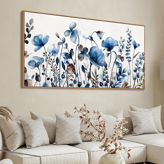 VEAEE Floral Wall Art, Abstract Indigo Flowers Canvas Pictures, Living Room Wall Decor, Modern Landscape Painting, Botanical Grass Artwork for Bedroom Bathroom Kitchen Office Wall Decor 29"x 58"