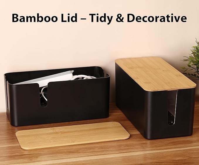ZhiYo Bamboo Lid Cord Organizer Box, Safe ABS Cable Management Box for TV and Computer, Wood Cover Cord Hider to Hide Wires, Router, USB Hub & Under Desk Power Strip, 1 Pack L13.1 xW5.6 xH5.6 Black