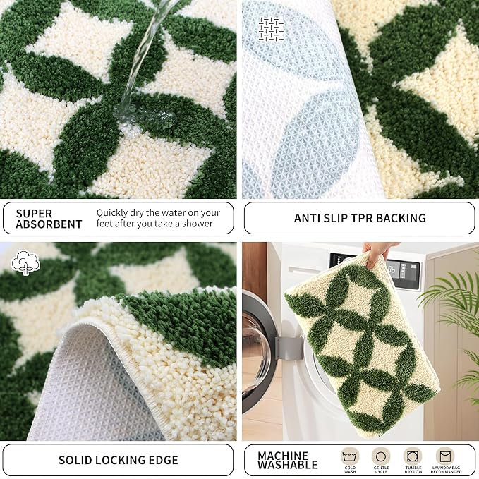 Civkor Green and Cream Bathroom Rug Non Slip Washable, Retro Bath Mat for Bathroom with TPR Backing, Quick Dry Fluffy Microfiber Piles, Super Water Absorbent Thin Bath Rug Fit Under Door, 31x20Inch