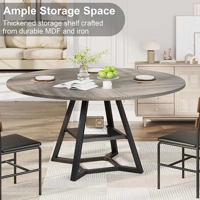 knoworld 51'' Round Dining Table, Kitchen Tables Dining Room Circle Dinner Table with Pedestal Metal Frame, Space Saving Wood Industrial Kitchen & Dining Room Tables, Grey 51In