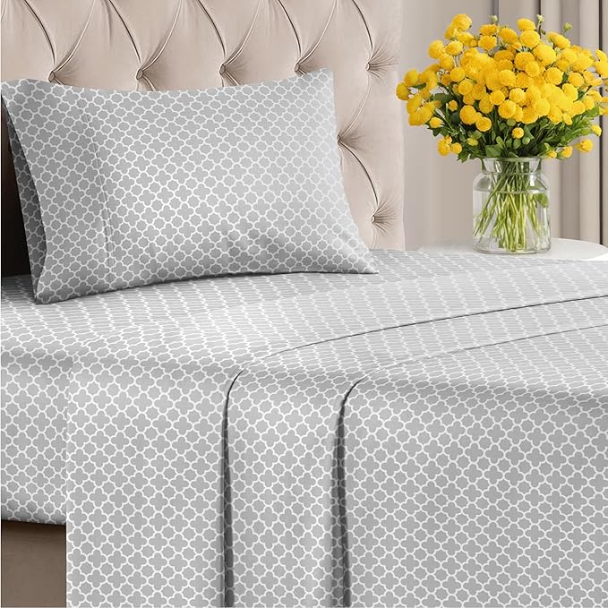 Grey Geometric Bed Sheets - 1 Flat & 1 Fitted Sheet & 1 Pillowcase w/ Deep Pockets – Cozy, Wrinkle & Fade Free- Ultra-Soft, Breathable & Cooling - Luxury Moroccan Bed Set – Twin Size - Gray Quatrefoil