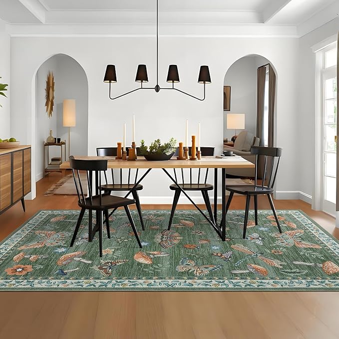 Washable 8x10 Mushroom Floral Rugs for Living Room Low Pile Soft Bedroom Large Accent Carpet Non Slip Non Shedding Nursery Playroom Carpet Mats Boho Vintage Green Carpets for Dining Apart Dorm, Green