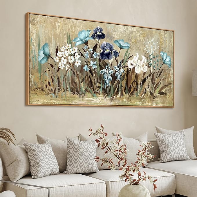 VEAEE Flowers Canvas Wall Art - Floral Canvas Pictures, Living Room Wall Decor, Wildflowers Botanical Canvas Prints Painting Abstract Artwork Bedroom Office Kitchen Home Decoration 29"x58"