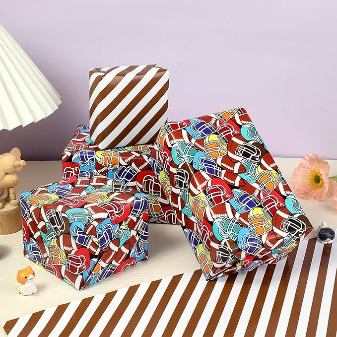 LDGOOAEL Mini Short Birthday Wrapping Paper Roll - Reversible Design (17 inches X 32.8 feet) - Football Patterns for Kids, Boys