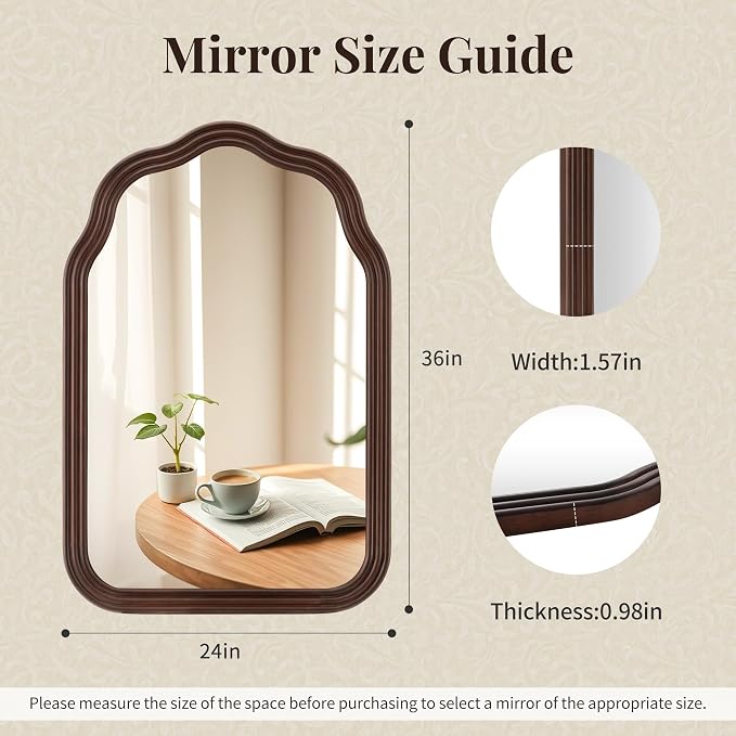 Tanmicoshomy Wood Arch Bathroom Mirror 24x36 Inch, Rustic Wavy Natural Wooden Framed Mirrors with Shatterproof Glass for Living Room, Bedroom or Entryway (Dark Brown)