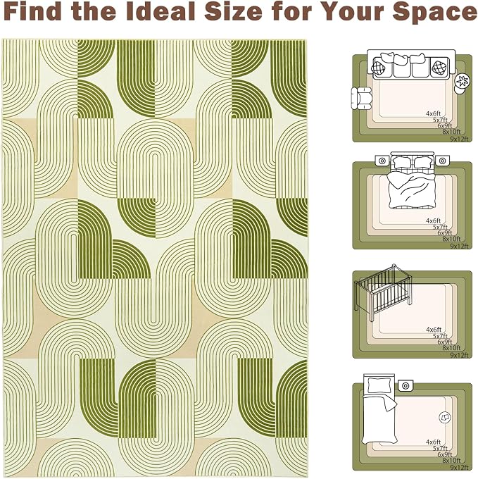 9x12 Area Rugs for Living Room, Washable Green Rug for Bedroom, Soft Mid Century Modern Rug, Non Slip Indoor Floor Low Pile Abstract Carpet for Dining Room Nursery Office Home