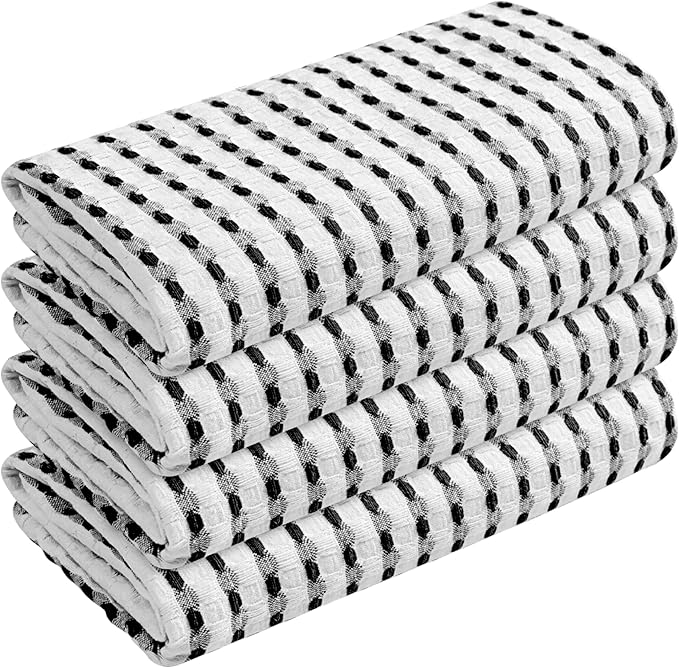 TWINY threads Waffle Kitchen Towels Set of 4, Large 16x26 Inches, 100% Cotton Absorbent Dish Cloths, Fast Dry & Machine Washable Waffle Weave Towel for Cooking, Baking & Cleaning, Black and White