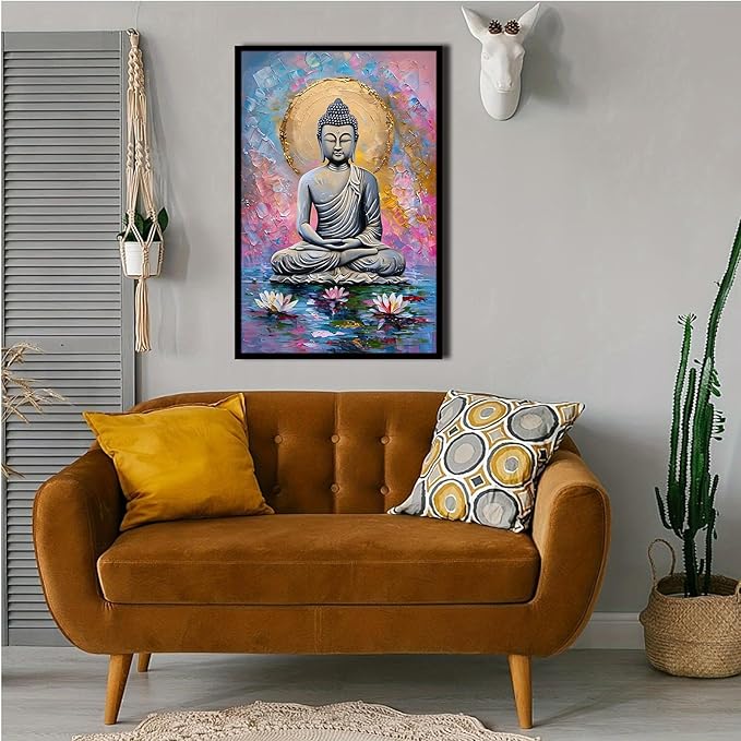 Lotus and golden Buddha meditation tranquil zen wall art mindfulness wall art for spiritual harmony and tranquility decor 12x18in Metal blackFramed