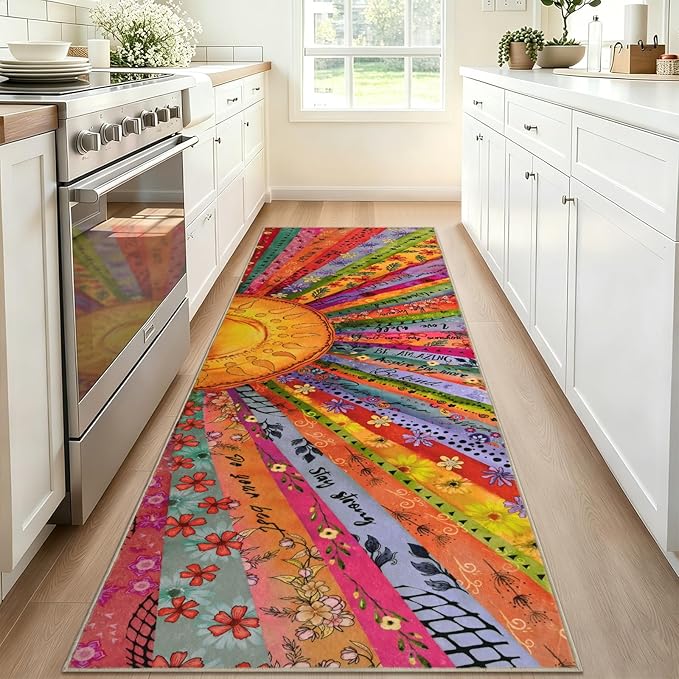 Likiyol Sun Runner Rug Non Slip 2x7'3 Inspirational Kitchen Runner Rug, Soft Faux Wool Runners for Hallways, Low Pile Washable Rug for Kitchen, Bedroom, Laundry Room