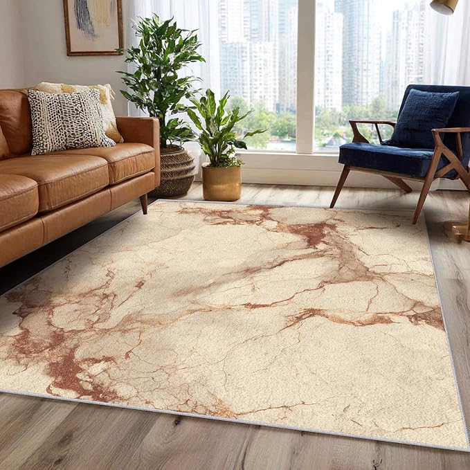 Beige Marble Abstract Area Rug, Vintage Stone Pattern Carpet, Washable Non Slip Low Pile Soft Thin, Living Room Bedroom Home Decor Mat 6x8ft