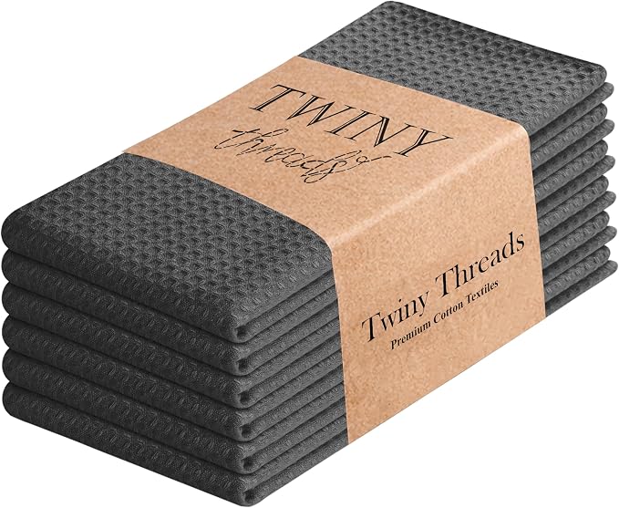 TWINY threads Grey Waffle Weave Dish Towels, 6 Pack, 16x26 Inches, Premium 100% Cotton Kitchen Linen Set, Absorbent Tea Cloths for Cleaning, Drying Dishes, Machine Washable, Durable, Quick Dry, Gray