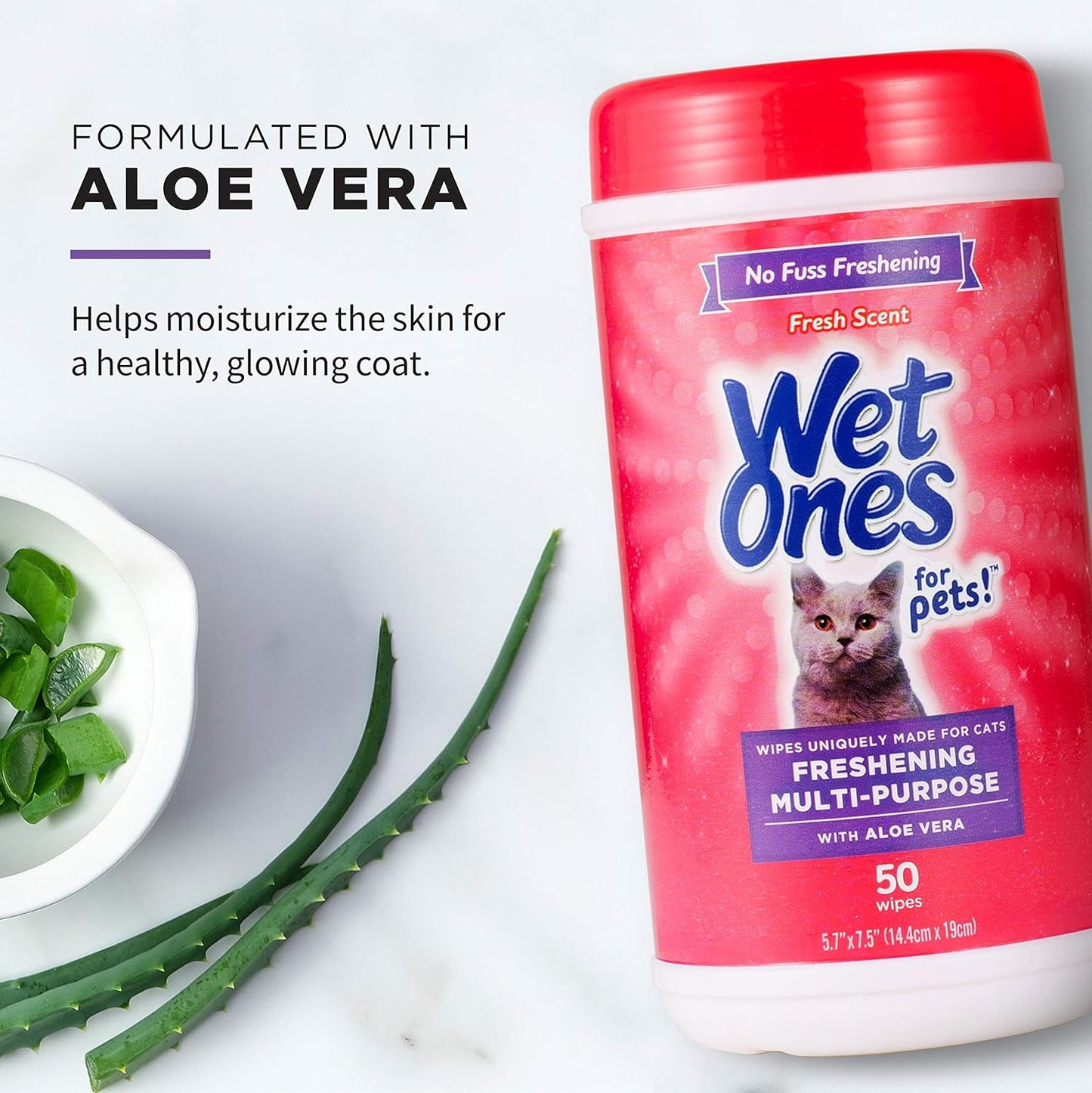 Wet Ones for Cats - Multi-Purpose Grooming Wipes with Aloe Vera | Fresh Scent, 50 Count - Removes Dirt & Odor