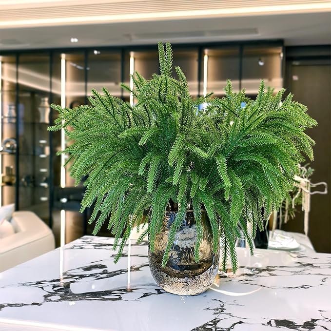16 Pcs Christmas Norfolk Pine Stems Fake Cypress Stems Plastic Pine Greenery Real Touch Greenery Picks Artificial DIY Plastic Picks for Holiday Winter Table Xmas Decor（NO VASE）