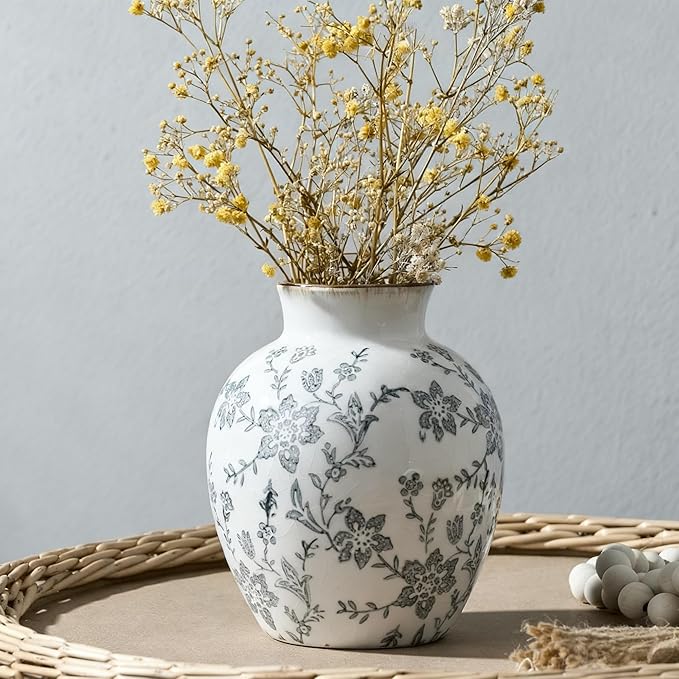 SIDUCAL Ceramic Vintage Vase, 5.83 Inch Retro Ice Cracked Chinoiserie Floral Vase, Rustic Farmhouse Vases for Home Decor, Bookshelf, Garden, Chinoiserie Decor, Tuscan Decor, Gray Floral Pattern