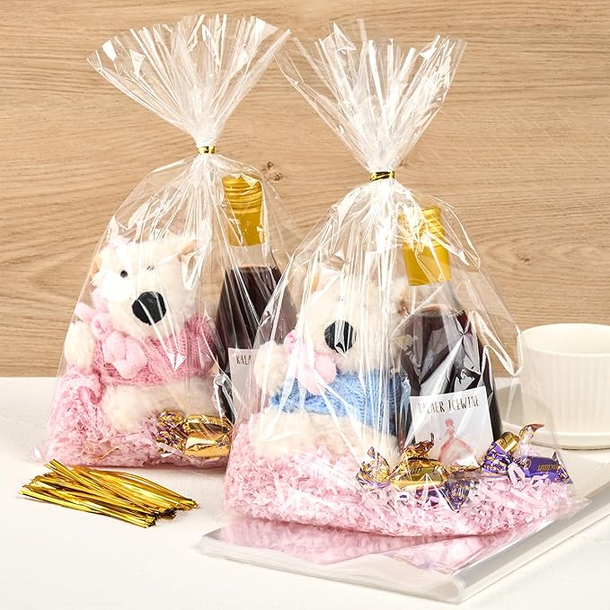 Ohuimrt 100 PCS Cellophane Treat Bags, 10 x 14 Inches Clear Plastic Goodie Gift Bags with Ties for Party Favors, Candies, Cookies, Snacks