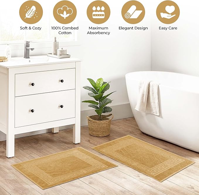 Superior Heavyweight Cotton Bath Mats, Bath Rugs For Bathroom Accessories, Washable Rug For Shower, Bath, Toilet, Modern Decor, No Backing, Luxury Hotel And Spa Quality, Set of 2, 22" x 35", Gold