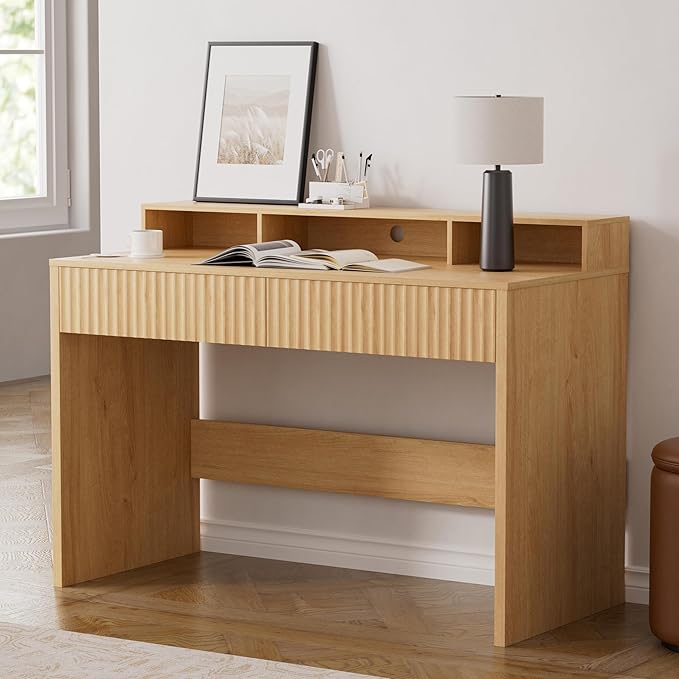 47" Executive Desk with Fluted Drawer, Modern Home Office Desk with Long Monitor Stand and 2 Drawers, Computer Writing Desk for Study Office Vanity, Nautral Oak