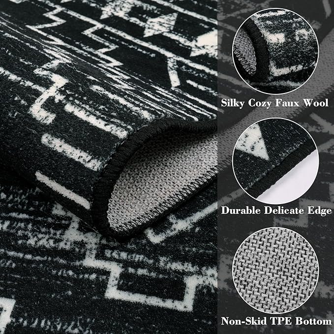 Wonnitar Moroccan 9x12 Area Rug for Living Room, Washable Black Rugs for Bedroom, Large Non-Slip Thin Dining Room Rugs for Under Table, Non-Shedding Soft Boho Floor Carpet Decor (Black,9'x12')