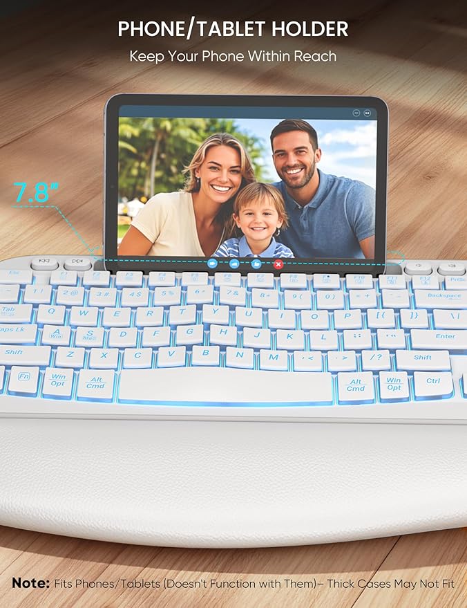 SABLUTE Wireless Keyboard and Mouse Combo - Ergonomic Wave Keyboard with Soft Leather Wrist Rest, Phone Holder, Rechargeable, RGB Backlit Mouse, Full-Size Set for Windows/Mac/Computer (White)