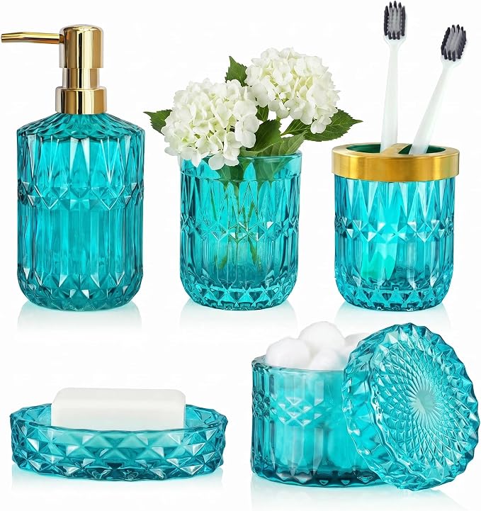 LaMarriti Teal Blue Bathroom Accessories Set, 5Pcs Clear Glass Bathroom Set, Hand Soap Dispenser Set, Soap Dish, Toothbrush Holder, Tumbler, Q-Tips Holder for Crystal Vantage Bathroom Decor
