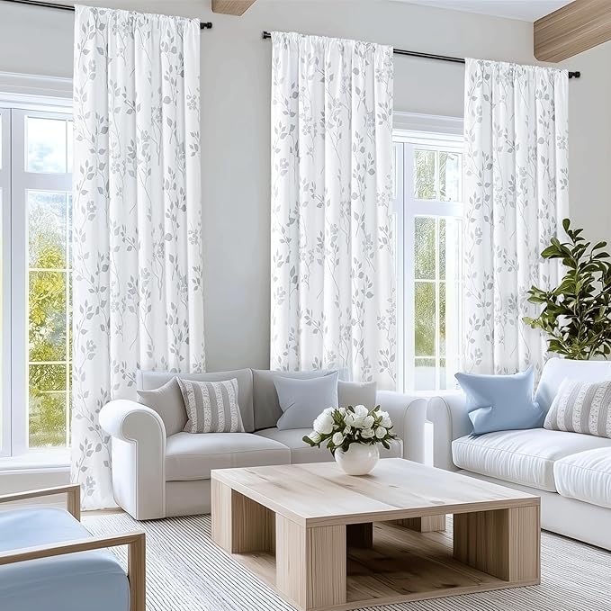 Beauoop Floral 100% Blackout Curtains 63 Inch Length 2 Panels for Bedroom Living Room Grey White Flower Patterned Room Darkening Thermal Insulated Soundproof Rod Pocket Back Tab Window Drapes, 52X63