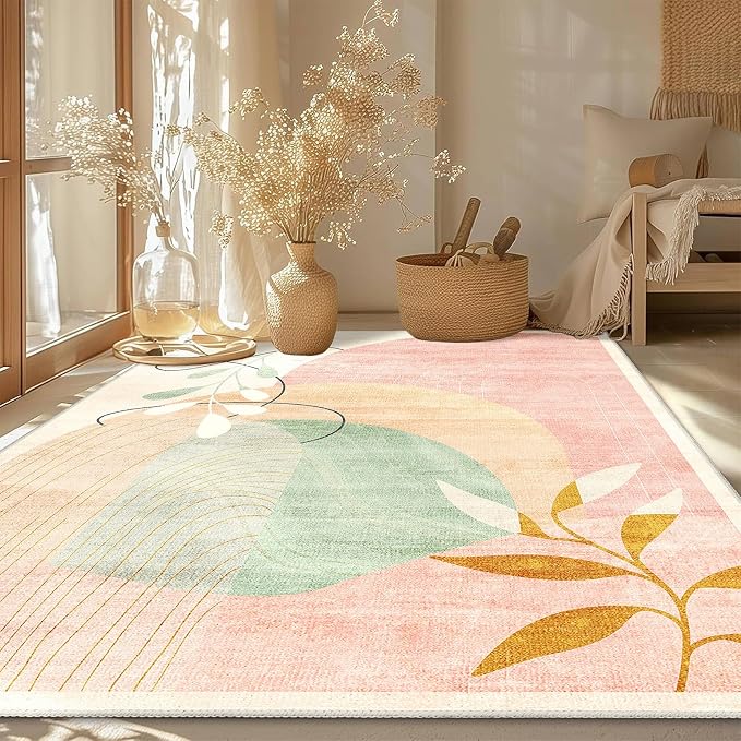 MUJOO 5x7 Area Rugs for Bedroom Living Room,Boho Washable Rug Non Slip Throw Carpet for Office Dining Room Indoor Mid Century Modern Abstract Botanical Geometric Accent Pink
