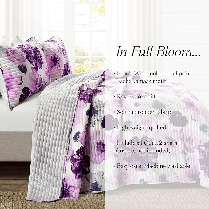 Lush Decor Leah Reversible Floral Quilt Set, 3 Piece Set, Full/ Queen, Gray & Purple - Watercolor Botanical - Cottage Core - French Country Decor- Bedding Queen Size