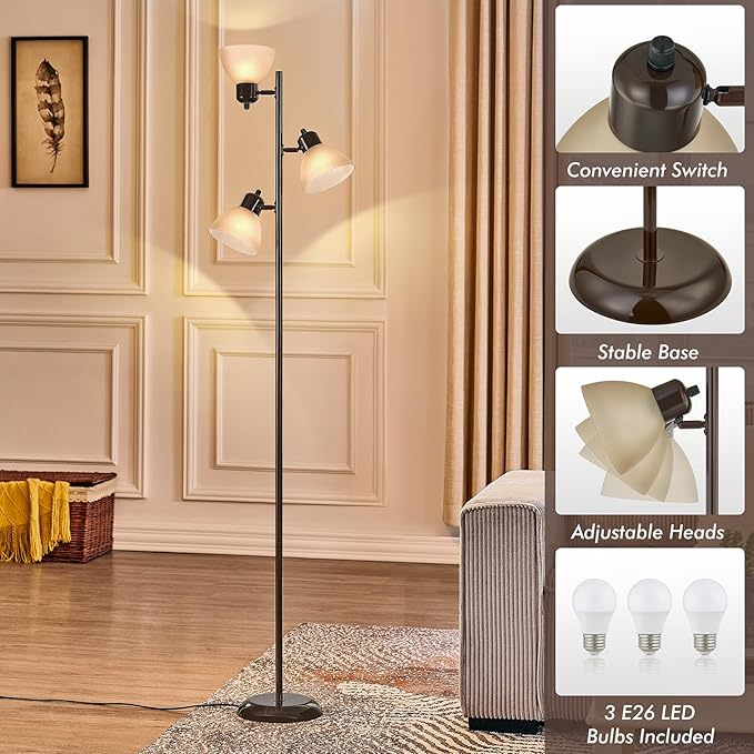 Modern Tree Floor Lamp for Living Room Bedroom, Tall Pole Standing Lamps with 3 Adjustable Rotating Heads for Office, Decor Corner, Reading Indoor, 3 Bright Lights LED Bulbs Included (Brown)