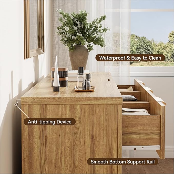 Fluted 6 Drawers Dresser for Bedroom, 54" Modern Chest of Drawers with Metal Handle, Wood Closet Clothes Storage Organizer for Living Room, Hallway, Entryway, Natural Oak