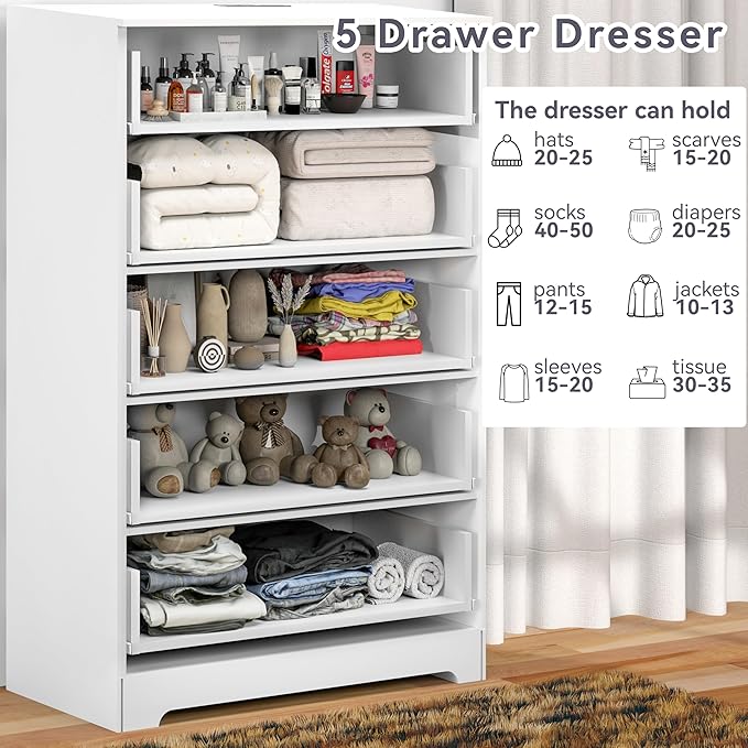 Dresser for Bedroom with Power Outlets Wood 5 Drawer Dresser with Large Storage Space White Chest of Drawers with Smooth Metal Rail Tall Storage Organizer for Bedroom Living Room Closet