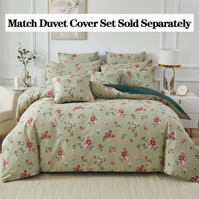 FADFAY Full Size Sheet Set 100% Cotton Sage Green Bed Sheets, French Country Red Rose Floral Pattern, Soft Cool Luxury Bedding, Shabby Vintage Style, 4 Pieces Deep Pocket Fitted Sheet