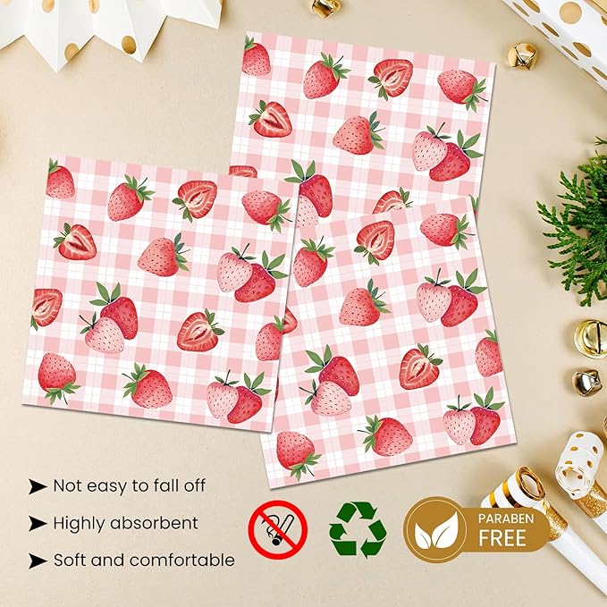 40 Pcs Strawberry Plates and Napkins Party Supplies, Pink Gingham Disposable Paper Plates and Napkins Tableware Set for Strawberry Shortcake Baby Shower Birthday Party Decorations