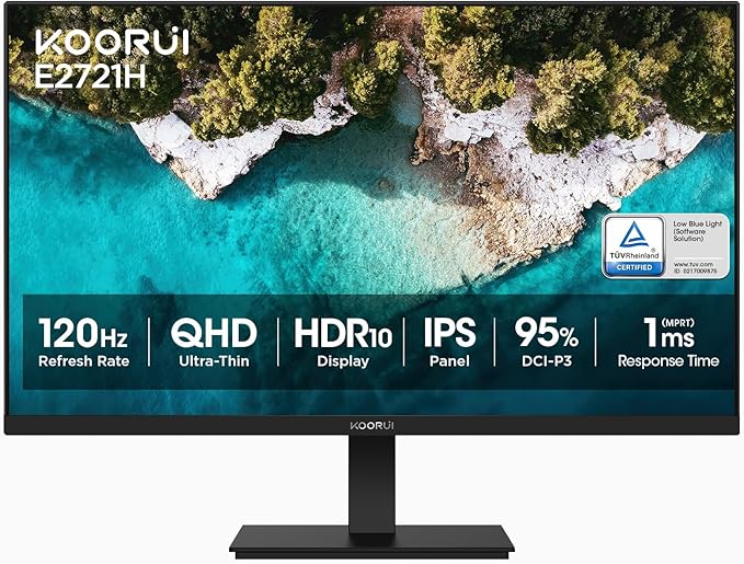 KOORUI 27 Inch QHD (2560x1440) IPS HDR Ultra-Thin Computer Gaming Monitor, 120Hz Refresh Rate, DCI-P3 95%, FreeSync & G-Sync, 1ms MPRT, VESA 100x100mm, Tilt Adjustable for Game and Work
