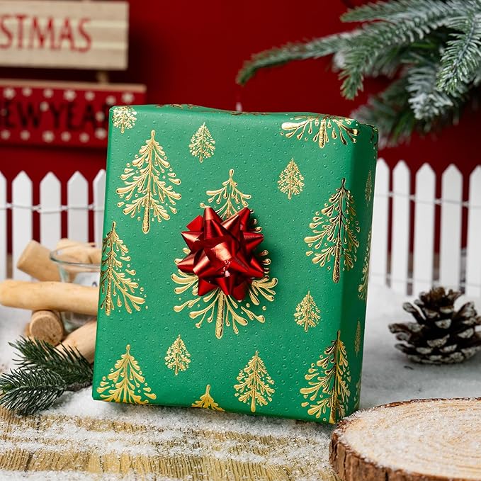 Flyhill Kraft Christmas Wrapping Paper, Green 3D Embossed Gold Foil Christmas Pine Tree with Woodlands Wrap Paper for Holiday, Party,Celebration, New Year (17 Inch X 32.8 Feet)