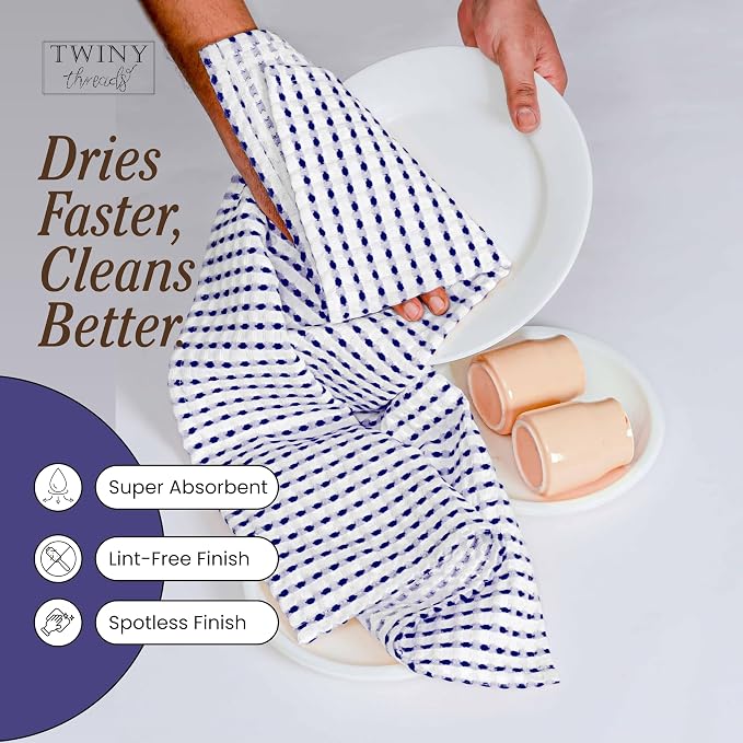 TWINY threads Waffle Kitchen Towels 4 Pack, 16x26 Inches Absorbent Waffle Weave Dish Cloth Set for Drying Dishes, Soft, Durable & Machine Washable Tea Towel, Quick Dry, Indigo Blue, White