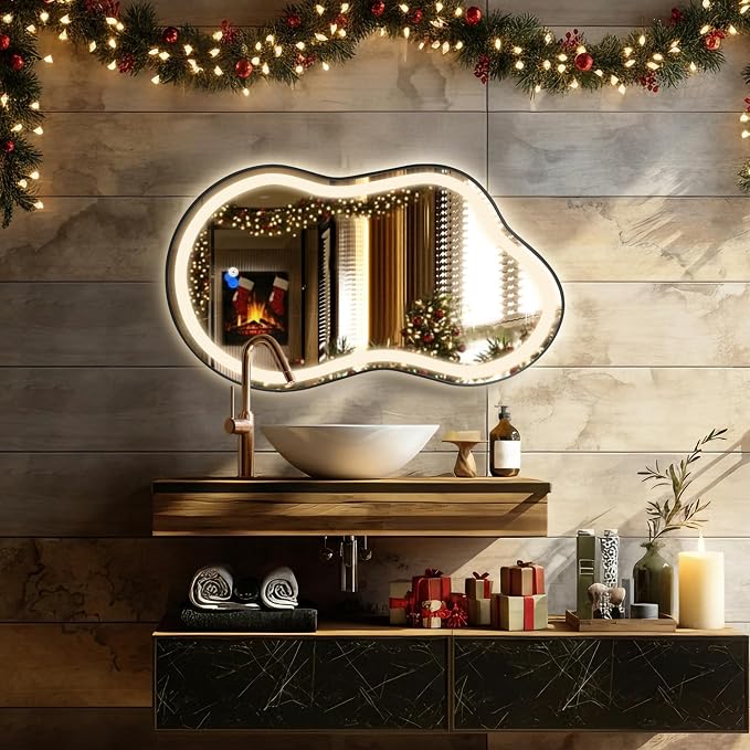 Irregular LED Bathroom Mirror with Lights, Cloud Smart Backlit Mirror, Dimmable Lighted Bathroom Mirror with Anti-Fog, Asymmetrical Vanity Mirror Hangable 2 Ways (Black, 24" x 36", 1 Pack)
