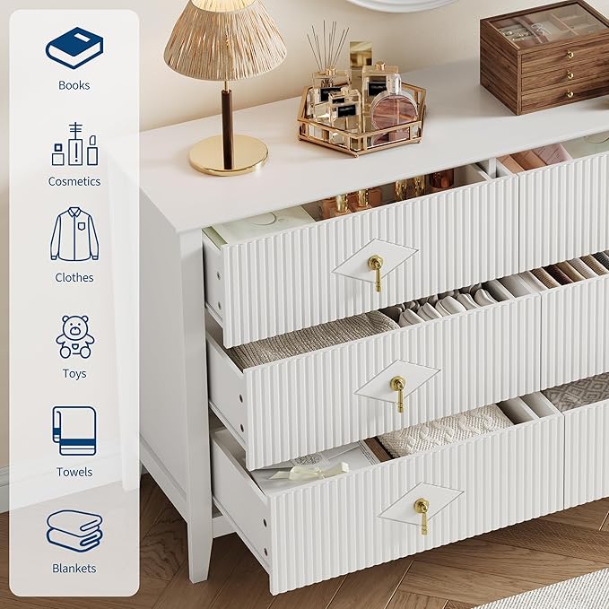 GarveeHome Fluted Dresser for Bedroom, 54 Inch Wide 6-Drawer Wood Dresser, Modern Chest of Drawers, Storage Organizer Cabinet for Living Room, Hallway, Entryway, White
