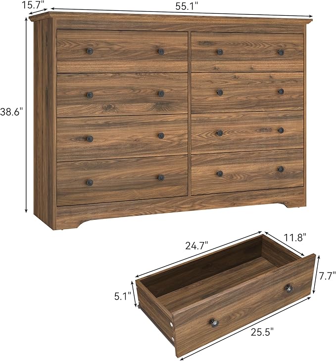 Brown Dresser for Bedroom，55" Wide 8 Drawers Dressers,Modern Wooden Chest for Living Room, Hallway