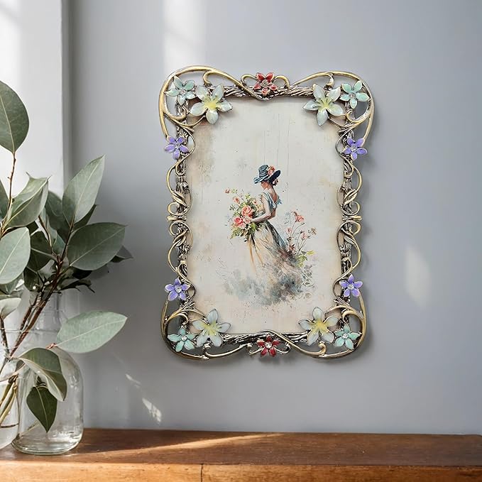 Vintage 4X6 Floral Picture Frames Luxury Unique Ornate Antique Metal Photo Frame of HD Glass for Tabletop/Wall Display Gifts for Women (Retro Colored Flowers)