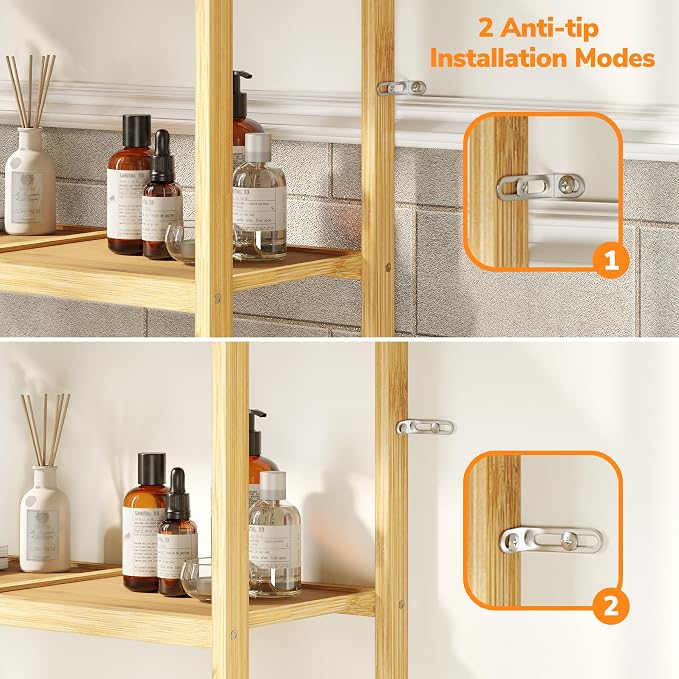 AMBIRD Over The Toilet Storage, 3-Tier Bathroom Organizer Over Toilet with Sturdy Bamboo Solid Shelves, Non-Slip Pads and 3 Hooks, Multifunctional Behind Toilet Shelf Rack, Space Saver (Original)