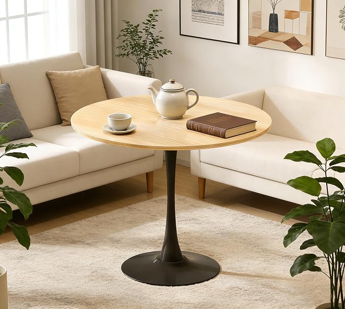 31.5" Tulip Table for 2-4 Persons Modern Round Dining Room Table, Mid-Century Modern Nature Small Kitchen Table with MDF Wooden Top, Leisure Coffee Table for Living Room, Dining Room, Office