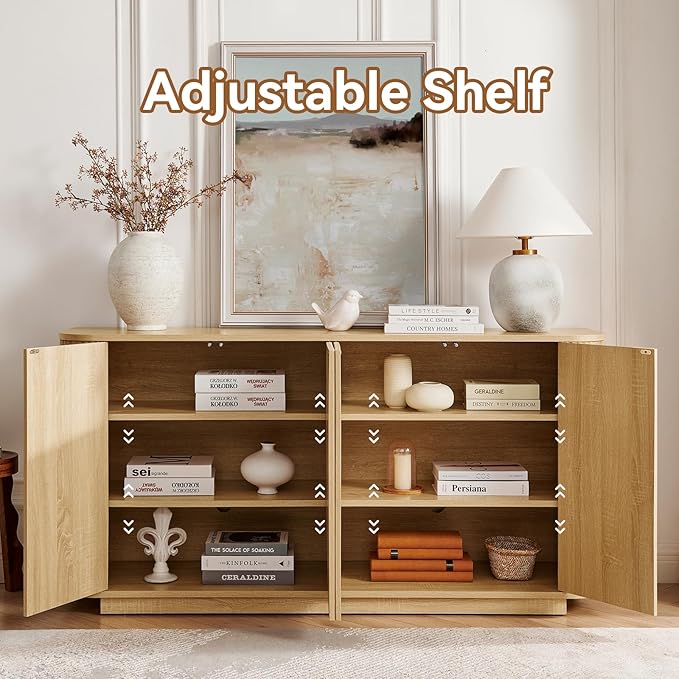 64" Sideboard Buffet Cabinet with Storage, Modern Fluted Accent Credenza with Adjustable Shelves, Wood Media Console Coffee Bar Table for Living Room Kitchen Dining Room, 31.5" H, Natural