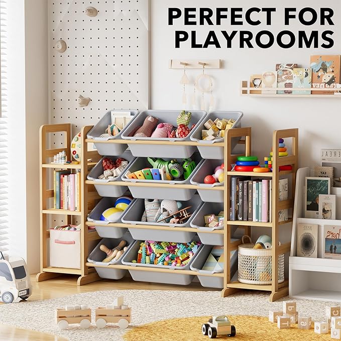 SpaceAid Toy Storage Organizer with 6 Shelves and 12 Bins, Toy Organizers Storage Bookshelf, Kids Bin Shelf Toys Box Bookcase for Bedroom Playroom Organization Room Decor, Neutral Gray