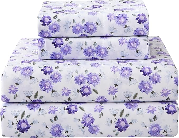 Softan Puple Floral Queen Sheet Set, 4-Piece Microfiber Printed Fitted Sheet with 15" Deep Pockets & Non-Slip Straps, White Flower Patterned Bedding Sheets & Pillowcase Set
