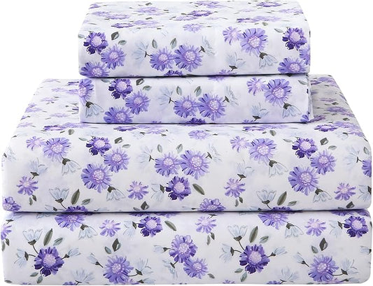 Softan Puple Floral Queen Sheet Set, 4-Piece Microfiber Printed Fitted Sheet with 15" Deep Pockets & Non-Slip Straps, White Flower Patterned Bedding Sheets & Pillowcase Set
