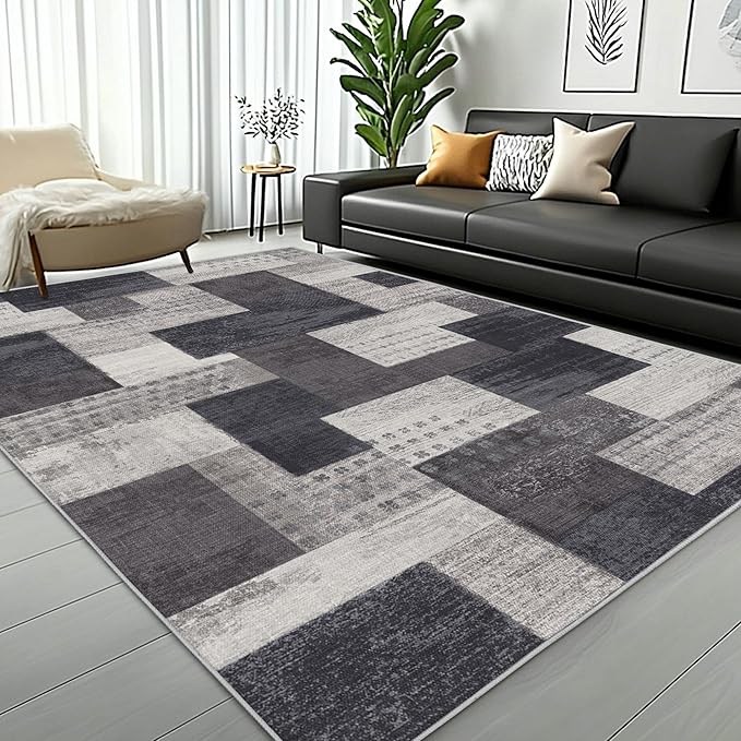 Modern Geometric Patchwork Indoor Area Rug for Living Room, Charcoal 6'x 9' Large Rug Rockwood Collection Hardwood Floors Decor for Bedroom, Grey Throw Carpet for Office Entryway Dining Room