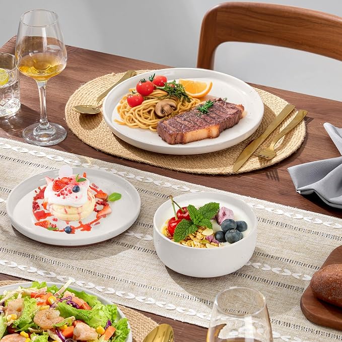 E-far 12-Piece Stoneware Dinnerware Sets, Plates and Bowls Sets for 4, Ceramic Dishware Dishes Set with Terracotta Base, Chip & Scratch Resistant, Microwave & Dishwasher Safe, Speckled White